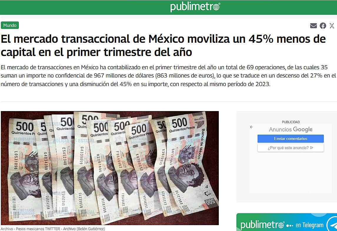 El mercado transaccional de Mxico moviliza un 45% menos de capital en el primer trimestre del ao